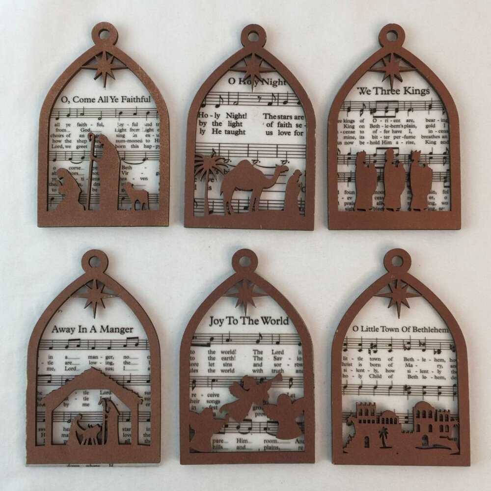 Wood Laser Cut Nativity‎ Christmas Ornament w/Carol Music 4" Set of 6 Lot #3
